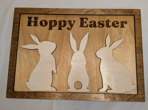 "Hoppy Easter" Bunny Wood Sign - Layered Spring Decor - 10x7" Framed Shelf Sign