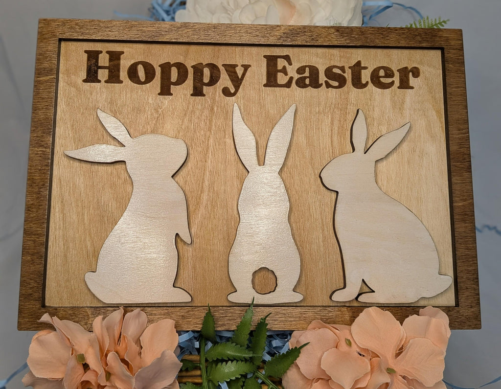 "Hoppy Easter" Bunny Wood Sign - Layered Spring Decor - 10x7" Framed Shelf Sign