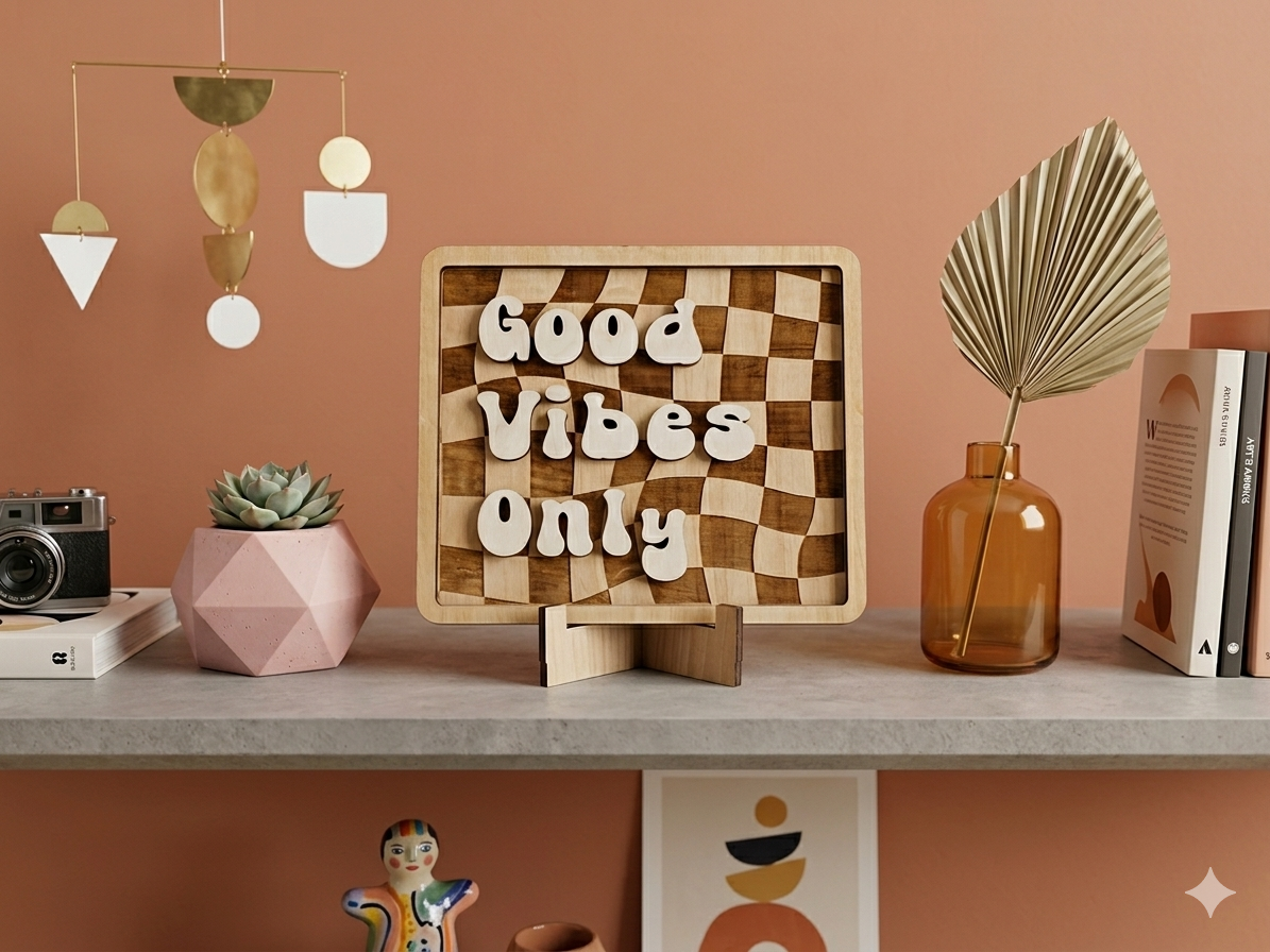 Good Vibes Only 3D Layered Wood Sign - Retro Wavy Checkerboard