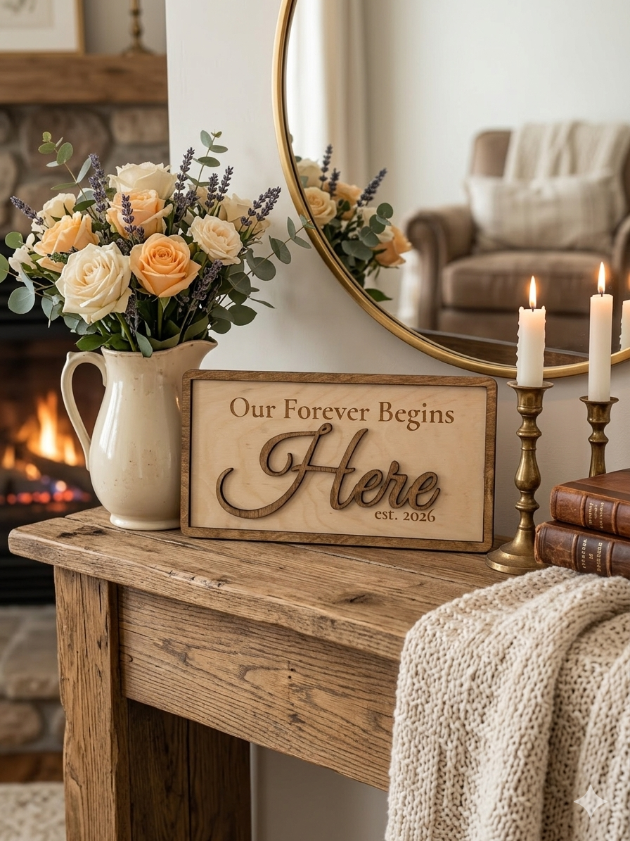 Personalized "Our Forever Begins Here" 3D Layered Wood Sign - Custom Date Birch Decor
