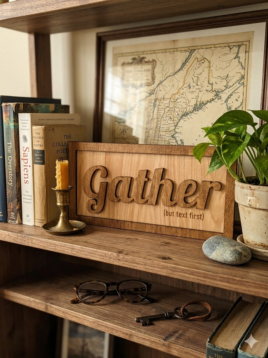 "Gather (but text first)" 3D Wood Framed Sign - Modern Rustic Home Decor