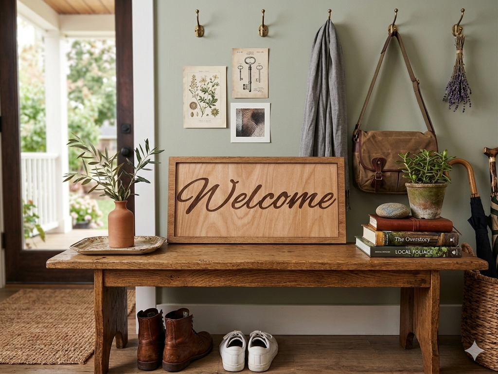 "Welcome" Engraved Script Wood Sign - Minimalist Birch Entryway Decor