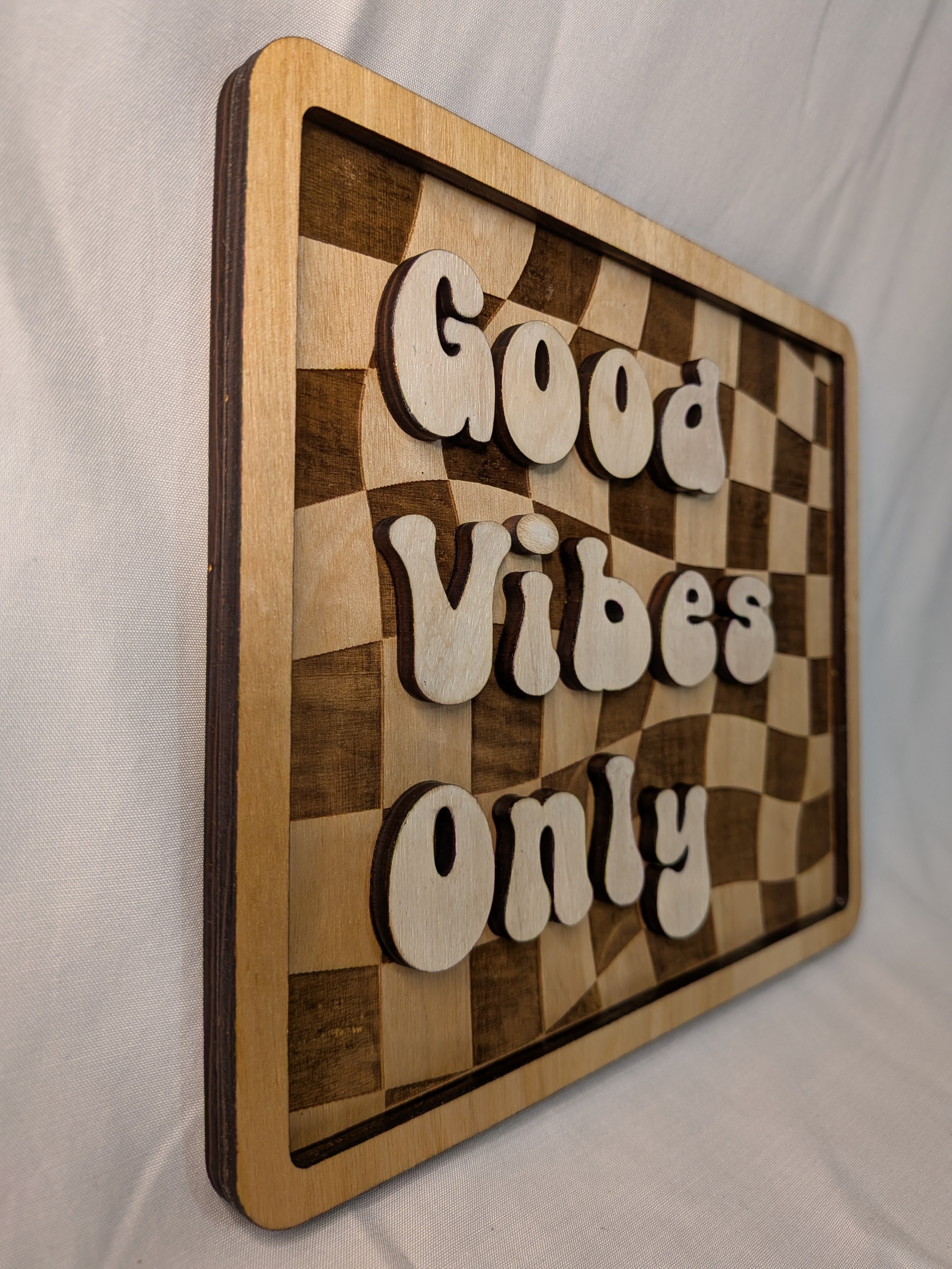 Good Vibes Only 3D Layered Wood Sign - Retro Wavy Checkerboard