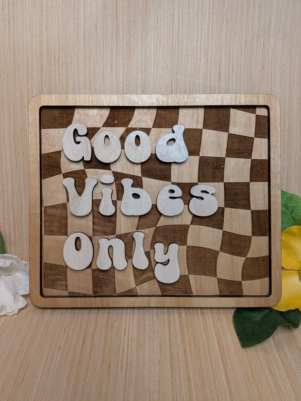 Good Vibes Only 3D Layered Wood Sign - Retro Wavy Checkerboard