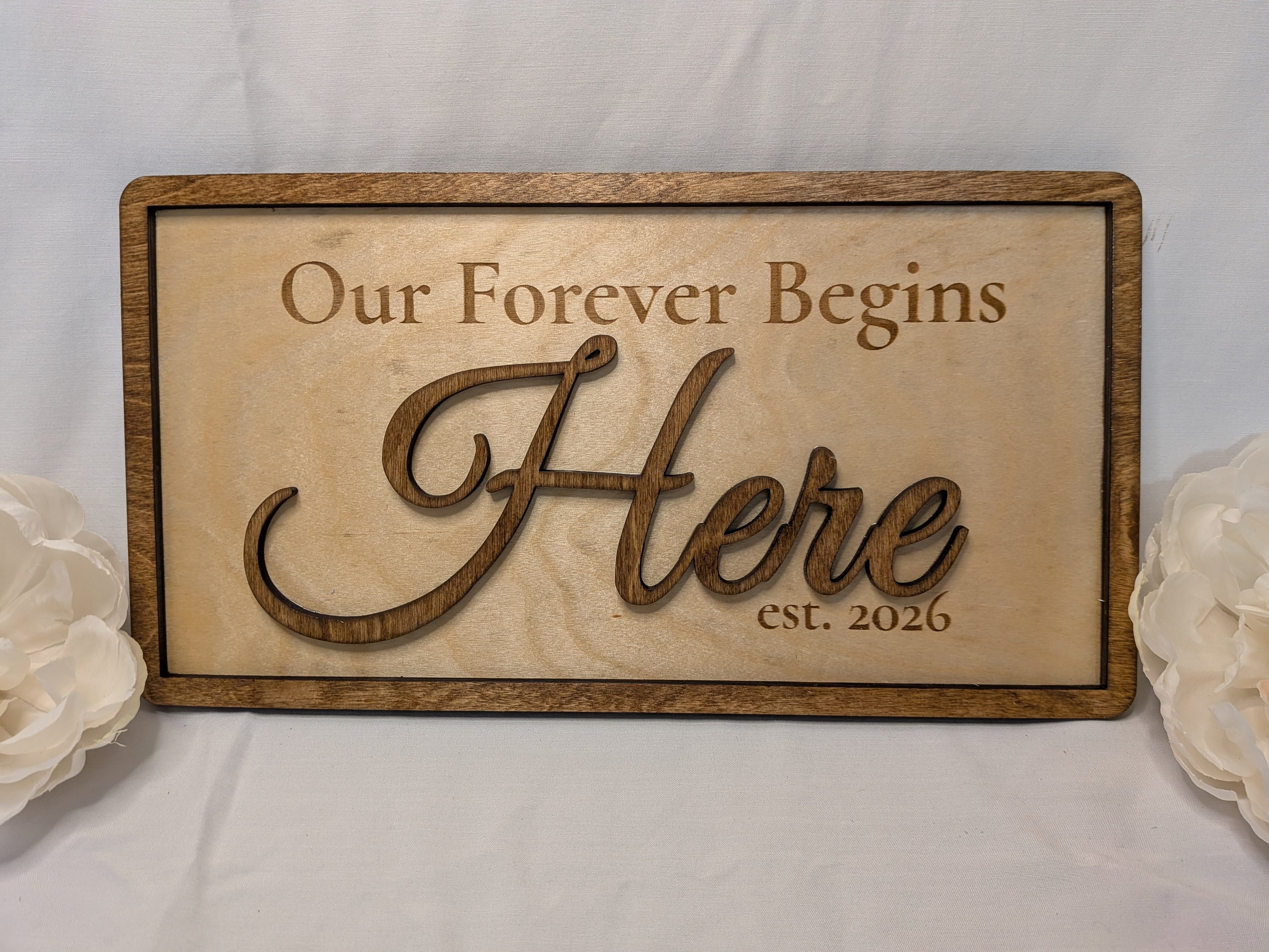 Personalized "Our Forever Begins Here" 3D Layered Wood Sign - Custom Date Birch Decor