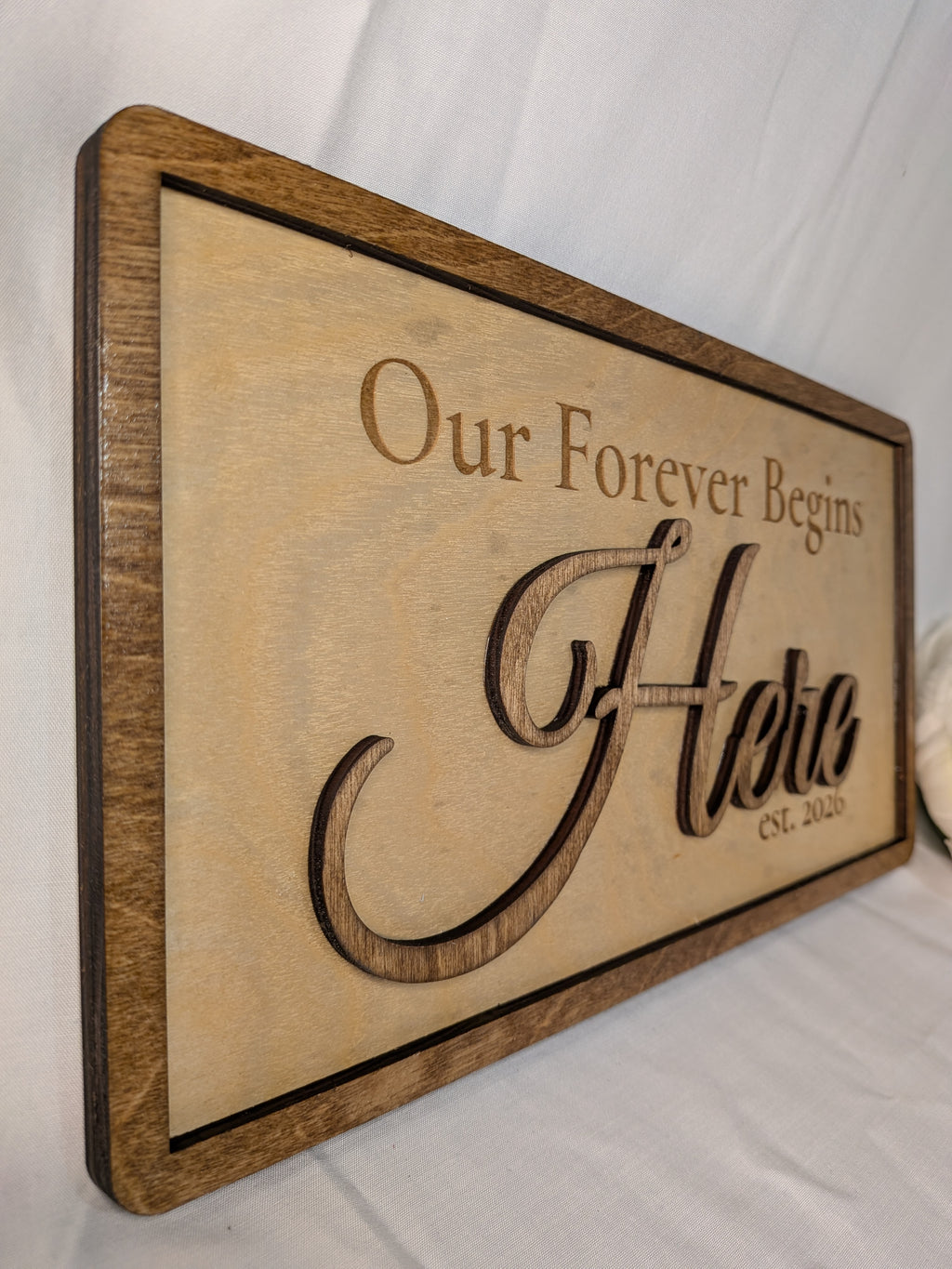 Personalized "Our Forever Begins Here" 3D Layered Wood Sign - Custom Date Birch Decor
