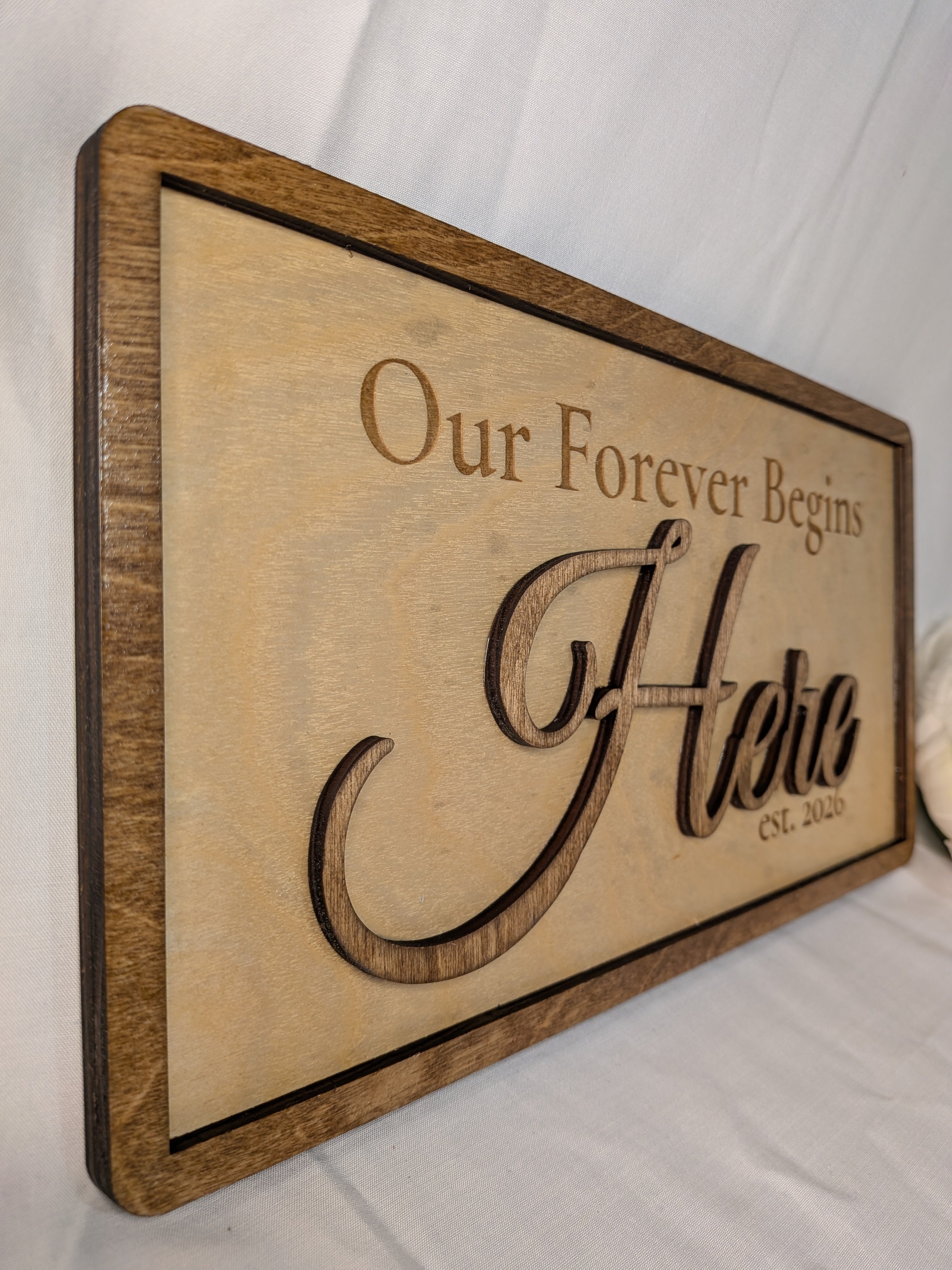Personalized "Our Forever Begins Here" 3D Layered Wood Sign - Custom Date Birch Decor
