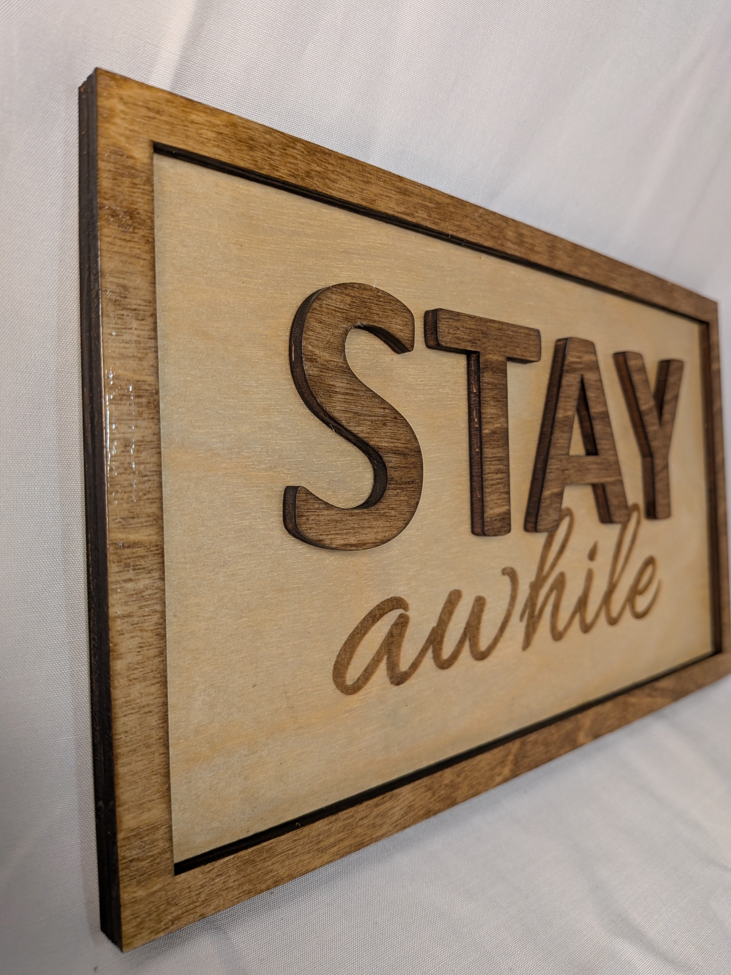 Stay Awhile 3D Layered Wood Sign - Framed Birch Wall Decor