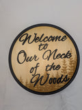 Welcome to our neck of the woods sign